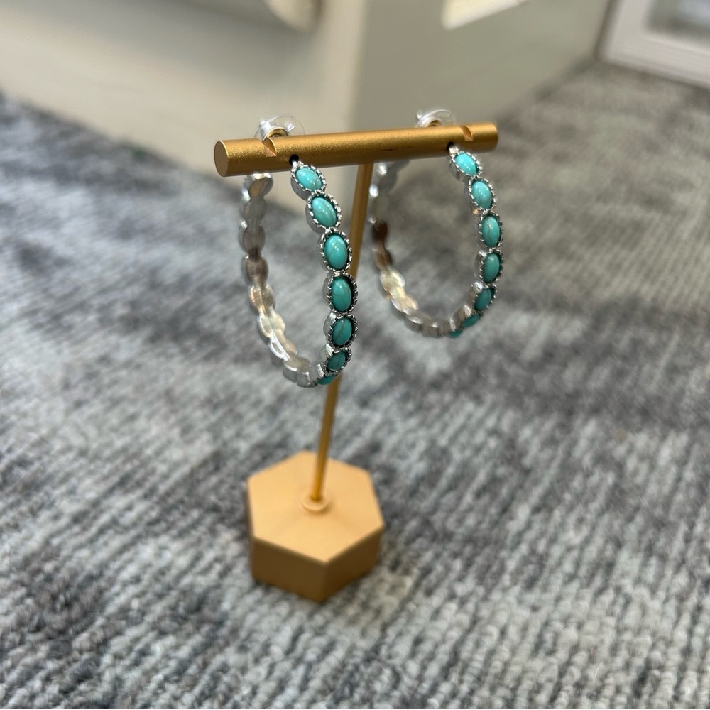 Turquoise Silver Rock Stone Inlay Hoop Southwest County Post Earrings✨ - Picture 8 of 8